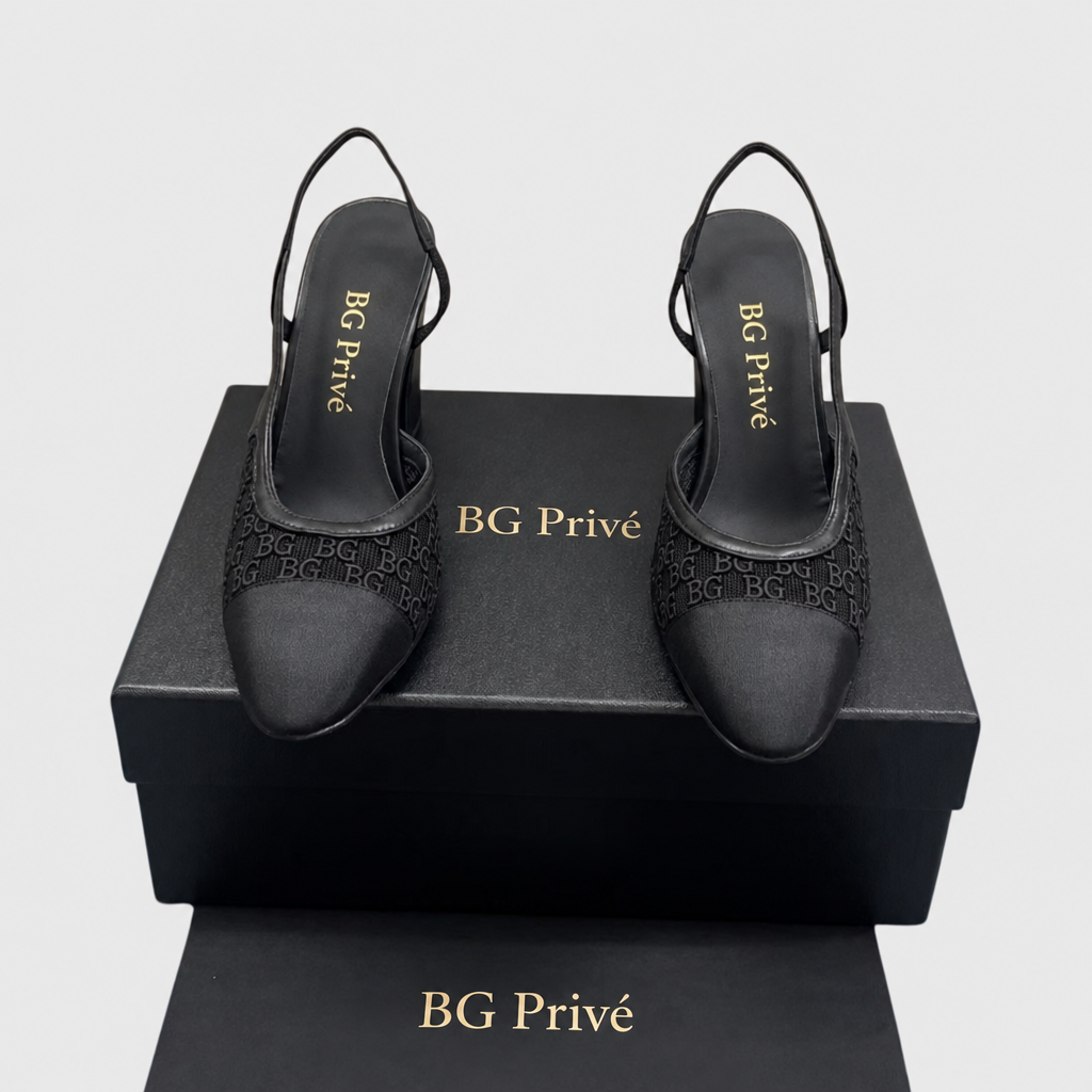 Lace Cap-Toe Slingback Block-Heel Pumps in Black