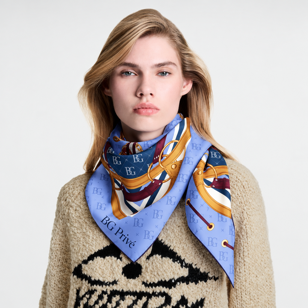 Flower And Straps Square 90 Scarf Blue Denim For Women M94977