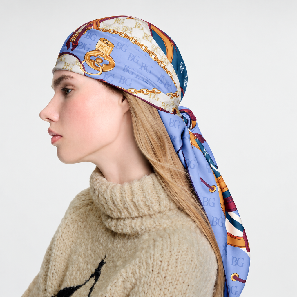 Flower And Straps Square 90 Scarf Blue Denim For Women M94977