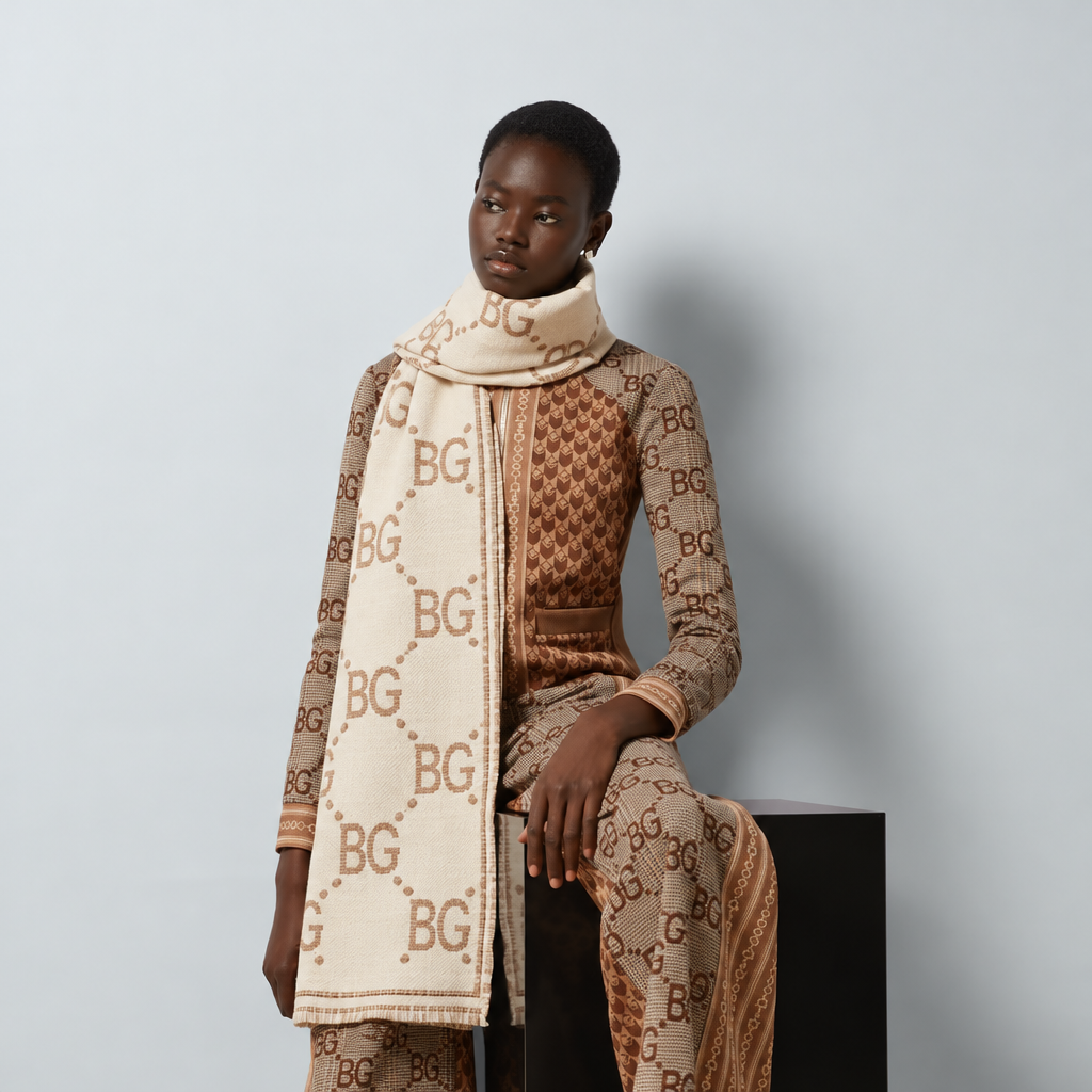 Jacquard Scarf Ivory And Beige 70.8in/180cm ‎774419 3GAMQ 9778