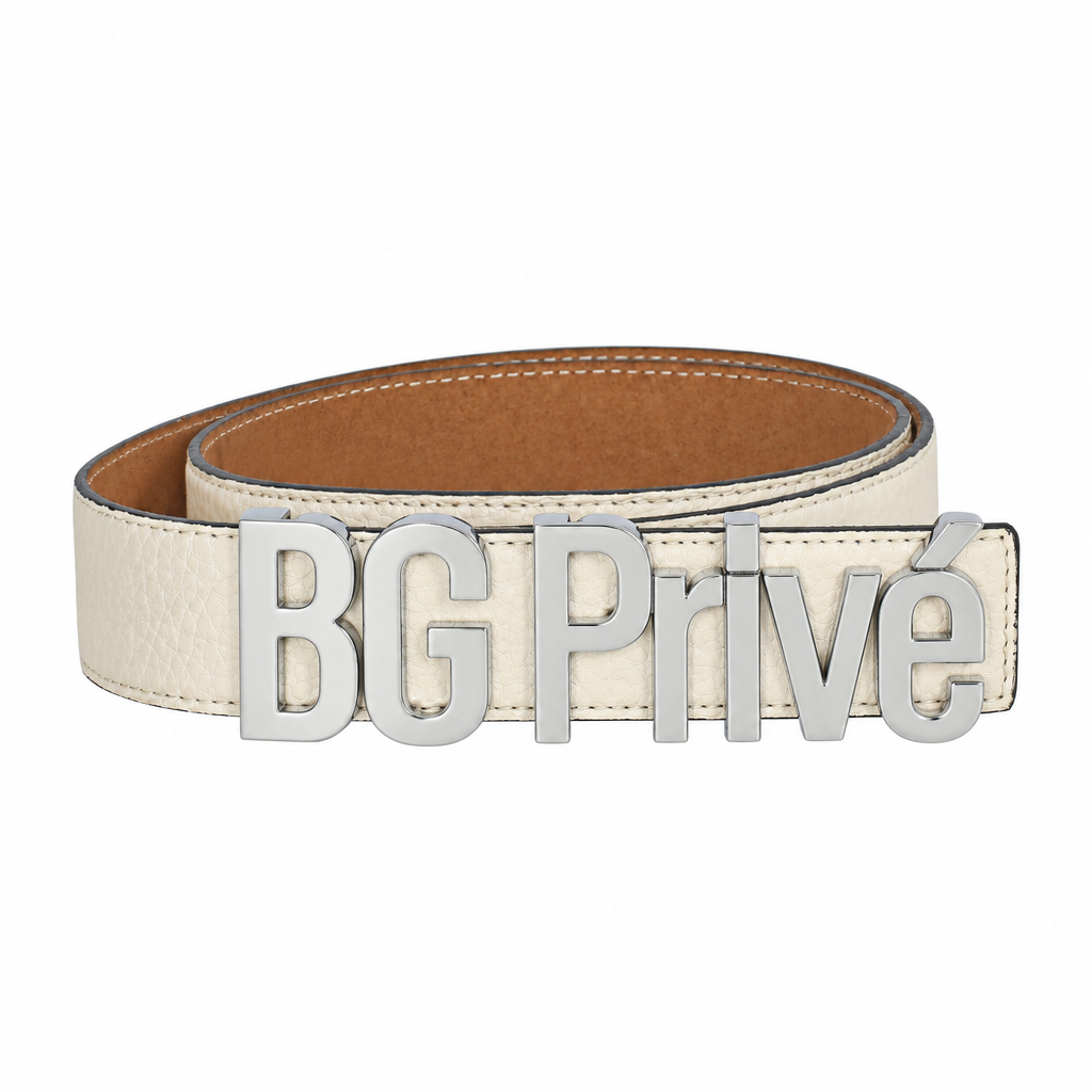 Logo Belt in Cream Calfskin with Silver Buckle