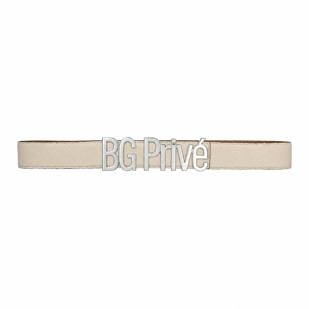 Logo Belt in Cream Calfskin with Silver Buckle