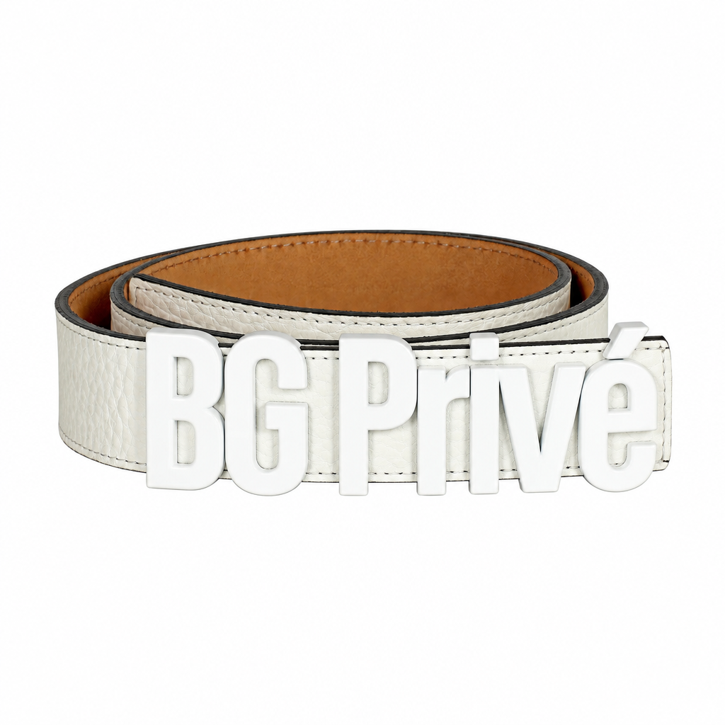 Men's White Leather Logo Belt with Letter Buckle