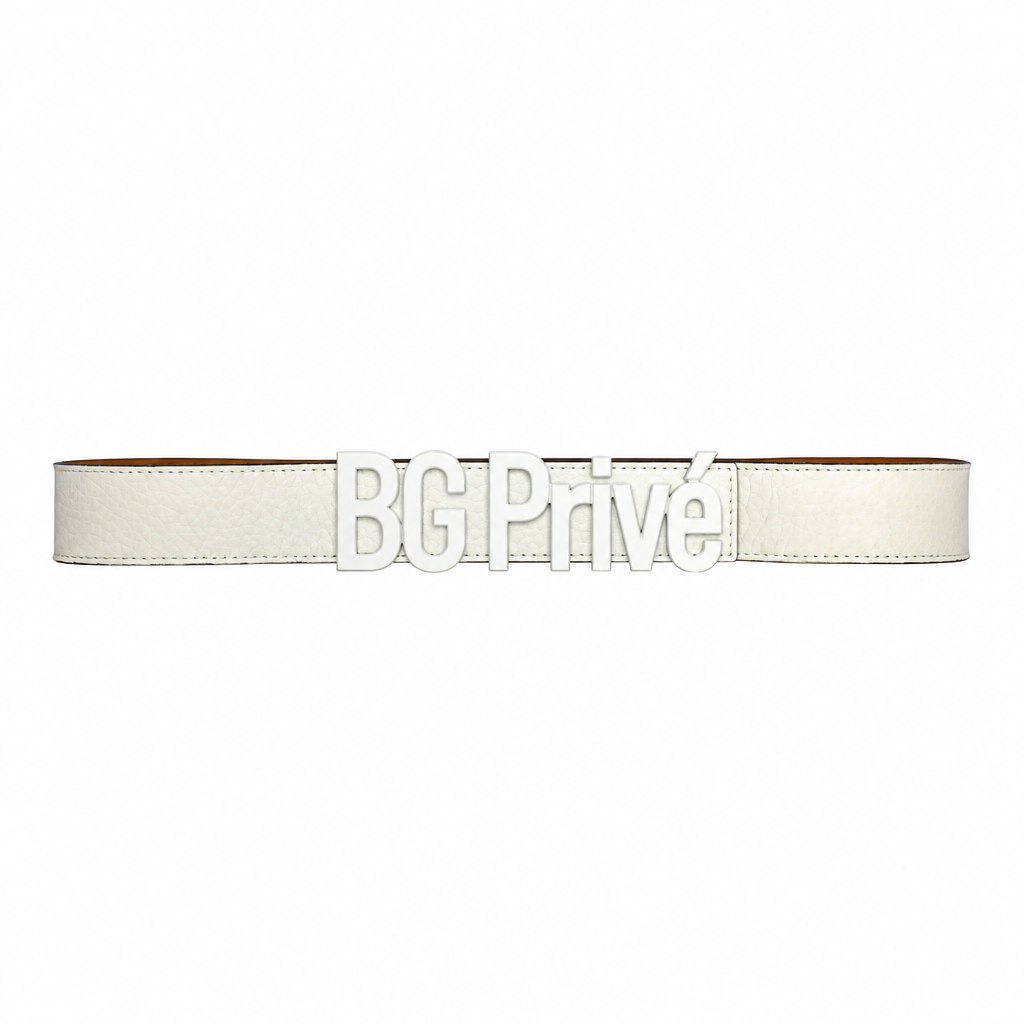 Men's White Leather Logo Belt with Letter Buckle