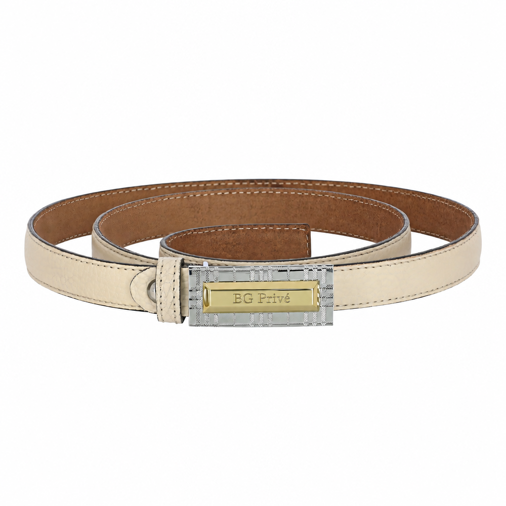 Check Belt with Slim Cream Strap and Plaque Buckle