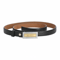 Leather Belt with Check-Engraved Two-Tone Plaque Buckle
