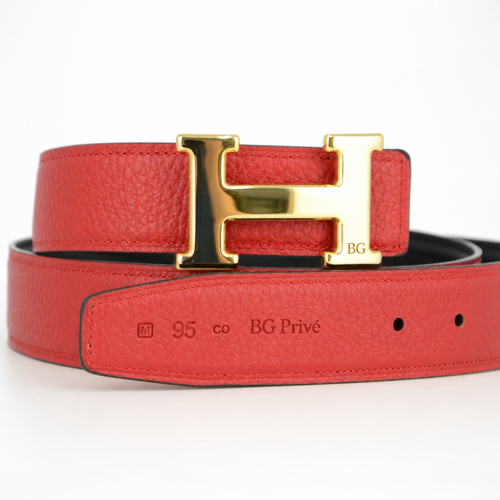 H Belt with Reversible Red and Black Strap, Gold-Tone Buckle, Size 95