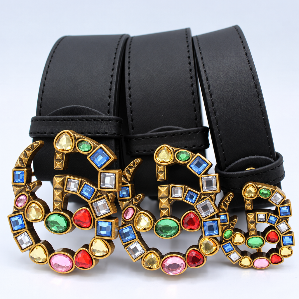 Leather Belt with Crystal Double G Buckle Multi