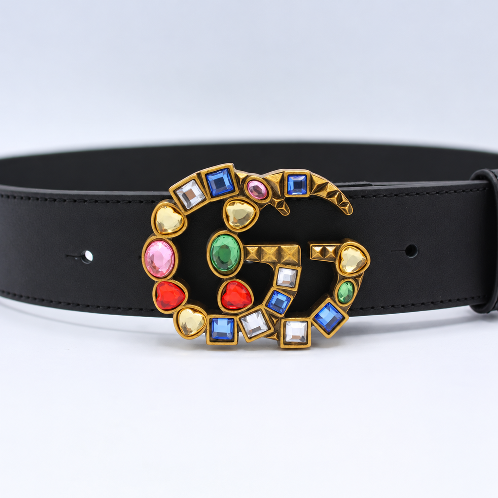 Leather Belt with Crystal Double G Buckle Multi