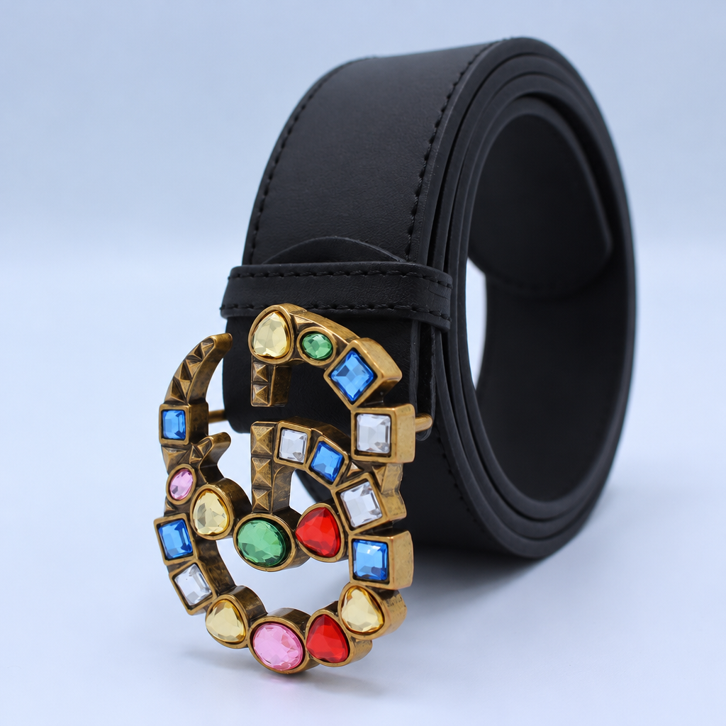 Leather Belt with Crystal Double G Buckle Multi