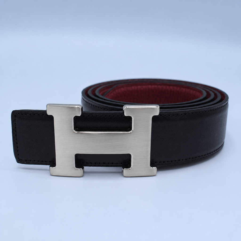 Constance Belt – Reversible Black &amp; Burgundy Leather H Buckle