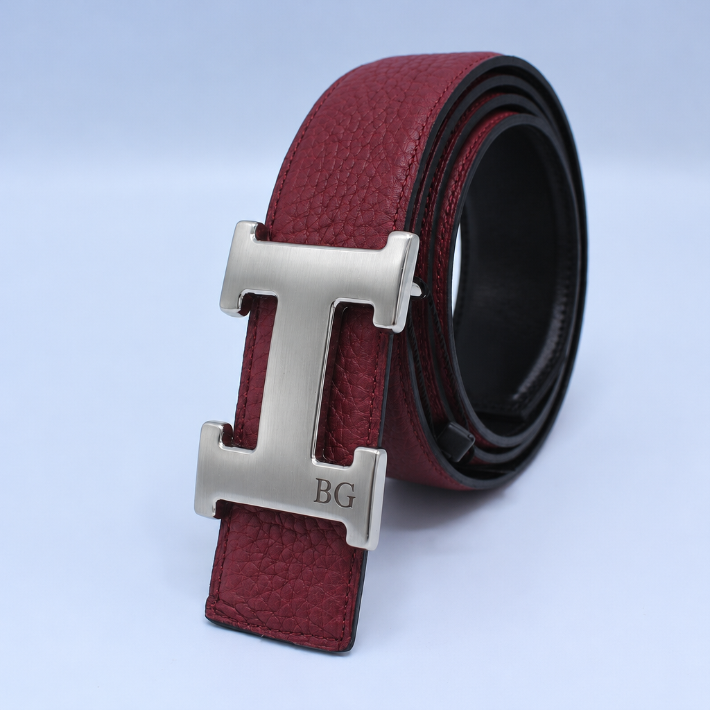 Constance Belt – Reversible Black &amp; Burgundy Leather H Buckle