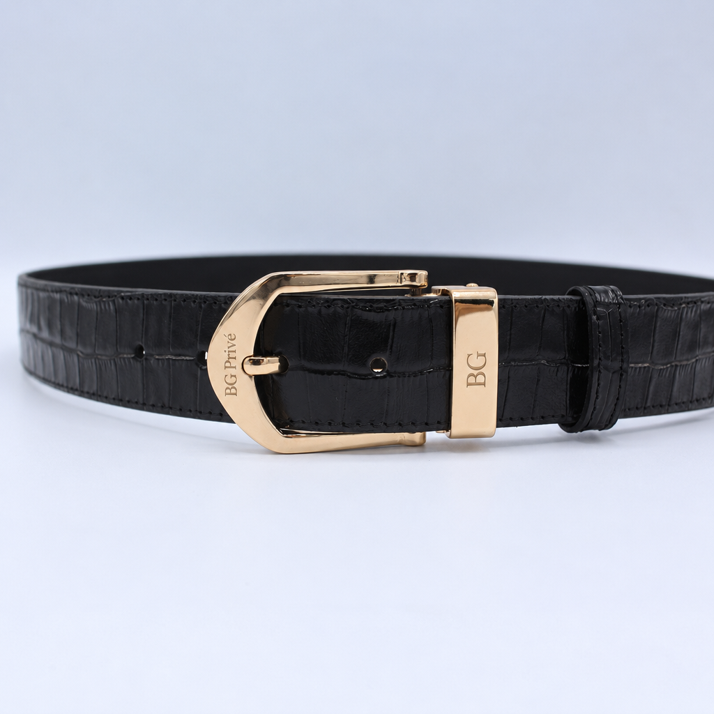 Black Crocodile-Effect Pin-Buckle Dress Belt
