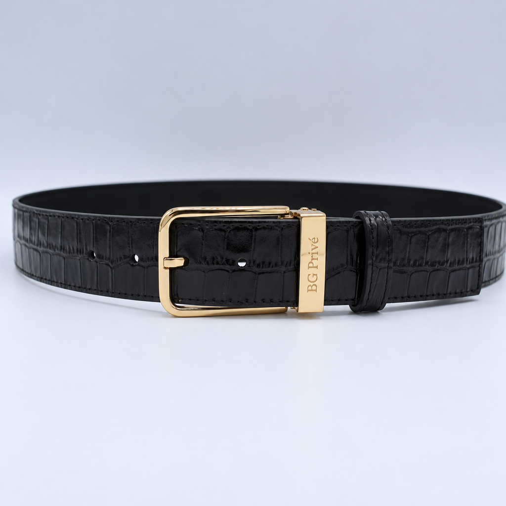 Black Crocodile-Effect Pin-Buckle Dress Belt