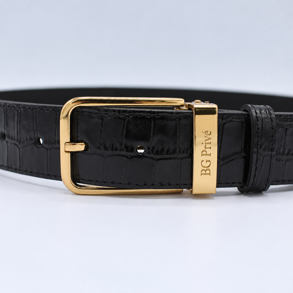 Black Crocodile-Effect Pin-Buckle Dress Belt