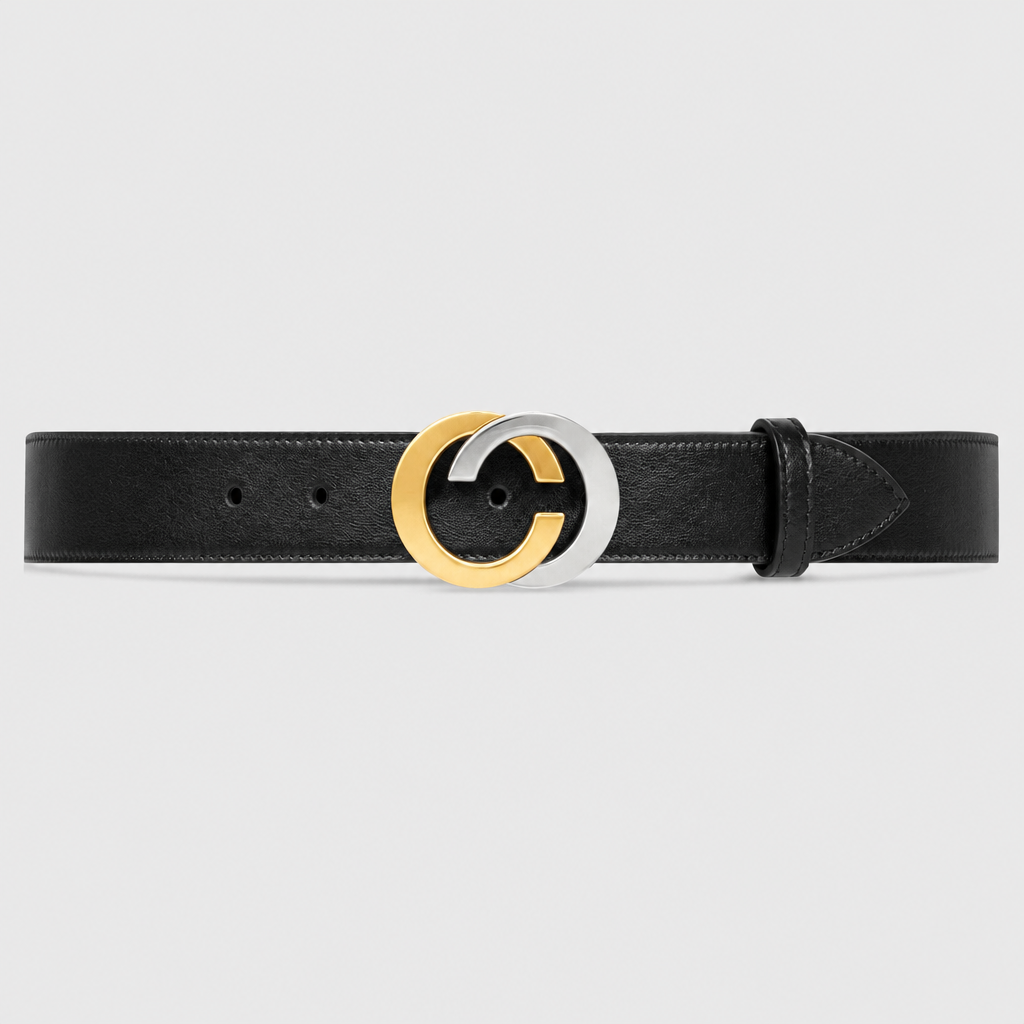 Interlocking G belt in Black Leather with Bi-Color Buckle