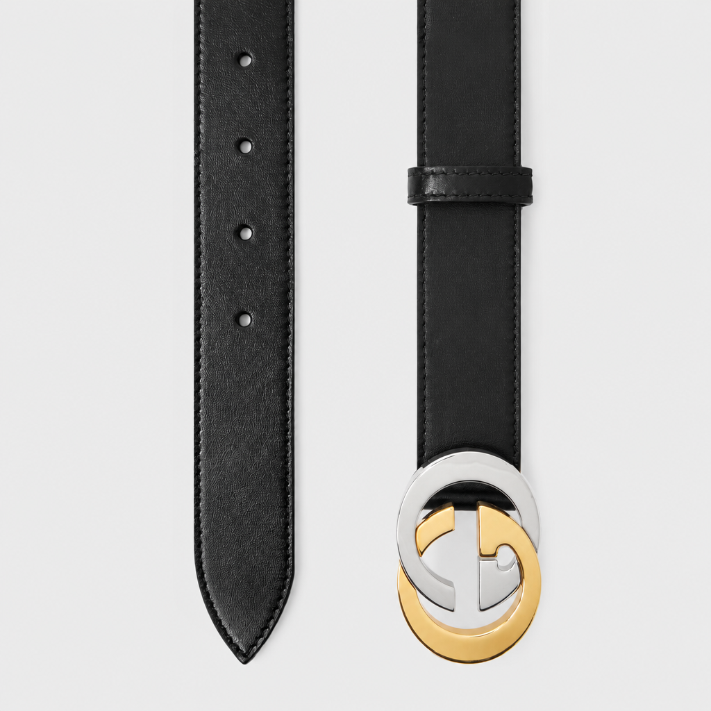 Interlocking G belt in Black Leather with Bi-Color Buckle