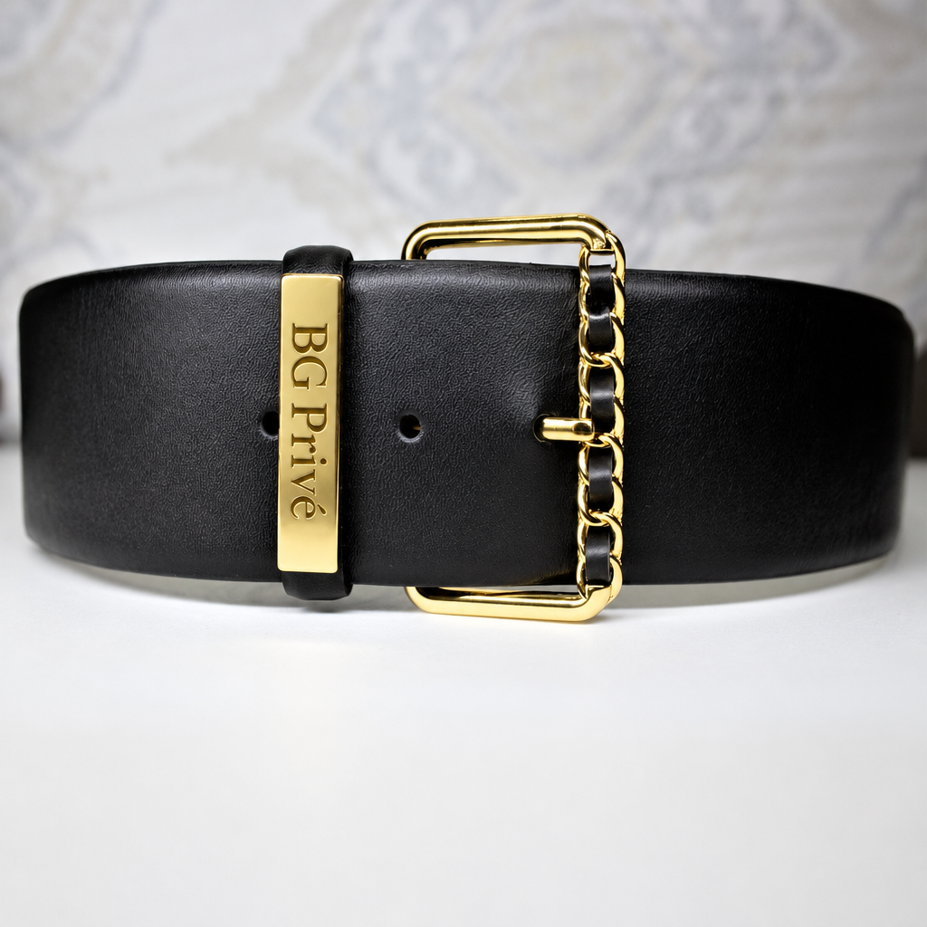 Vintage Black Leather Chain Belt with Gold-Tone Buckle
