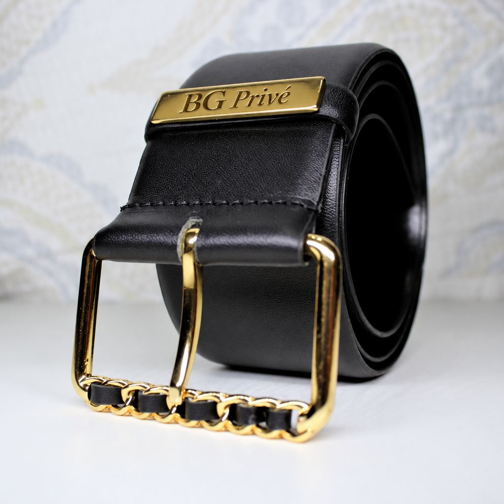 Vintage Black Leather Chain Belt with Gold-Tone Buckle