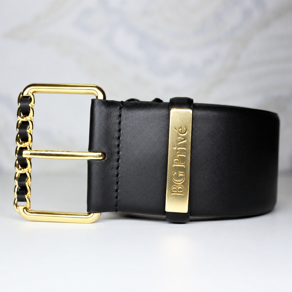 Vintage Black Leather Chain Belt with Gold-Tone Buckle
