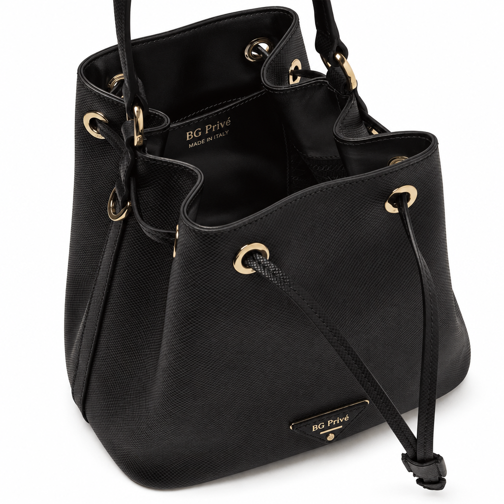 Saffiano Leather Bucket Bag in Black