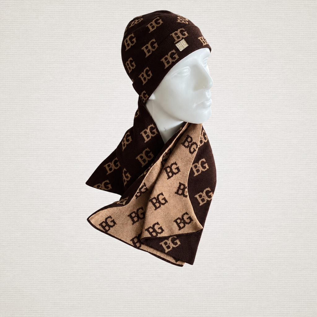 All Over Logo Beanie &amp; Scarf Beige/Black