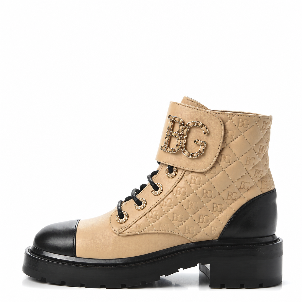 Quilted Lace-Up Combat Boots Beige and Black G36424