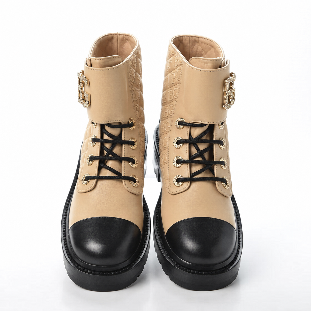 Quilted Lace-Up Combat Boots Beige and Black G36424