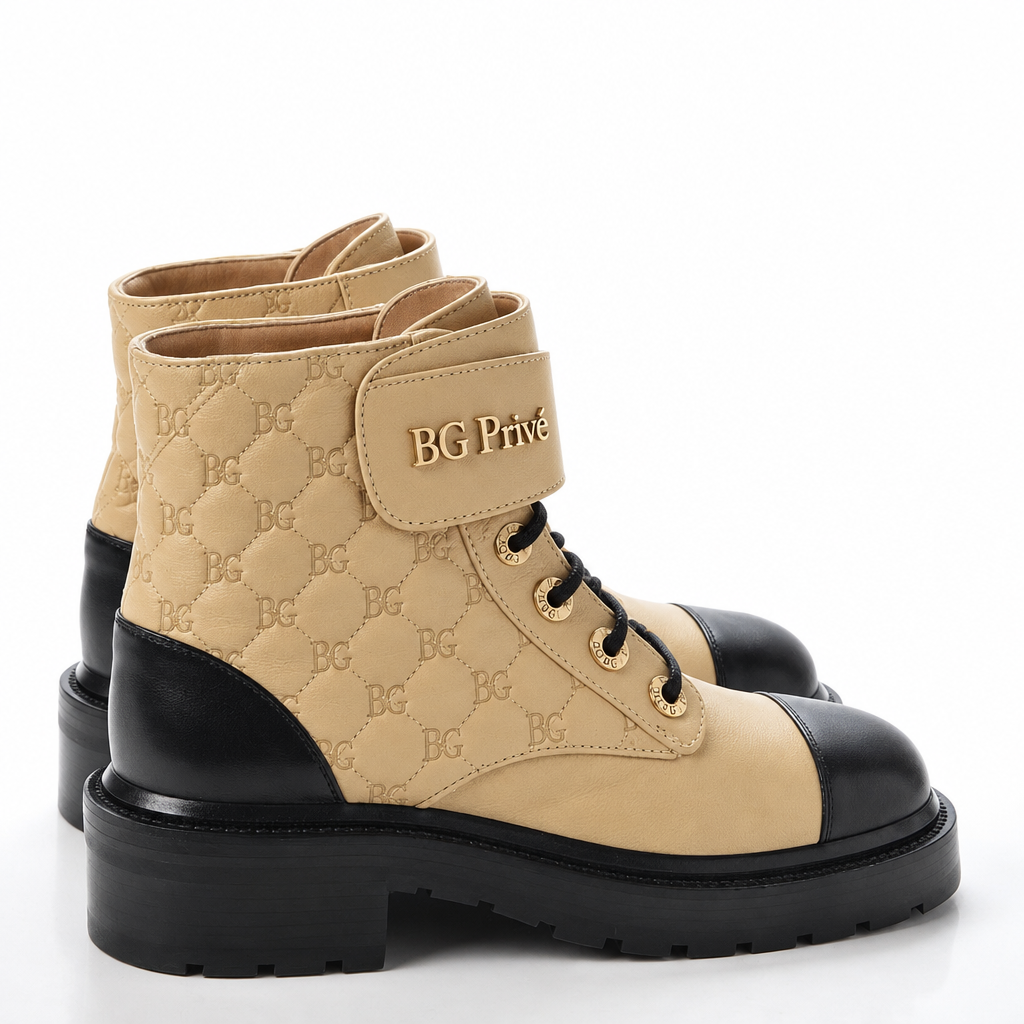 Quilted Lace-Up Combat Boots Beige and Black G36424