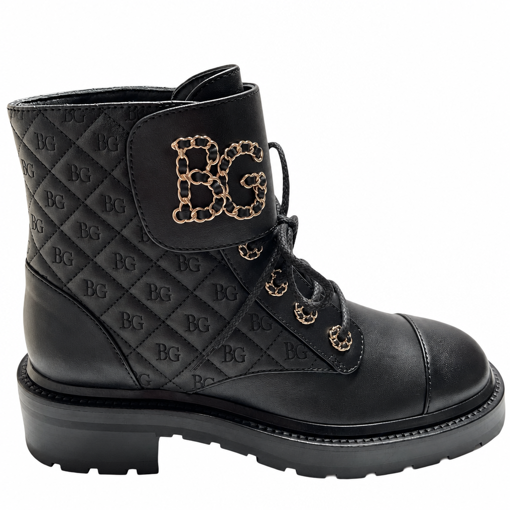 Quilted Calfskin Lace-Up Combat Ankle Boots with Chain Logo