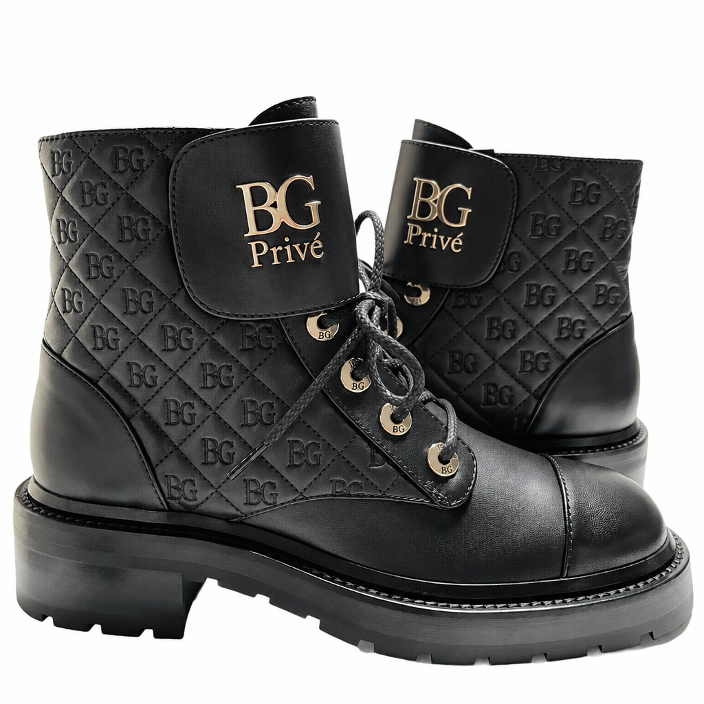 Quilted Calfskin Lace-Up Combat Ankle Boots with Chain Logo