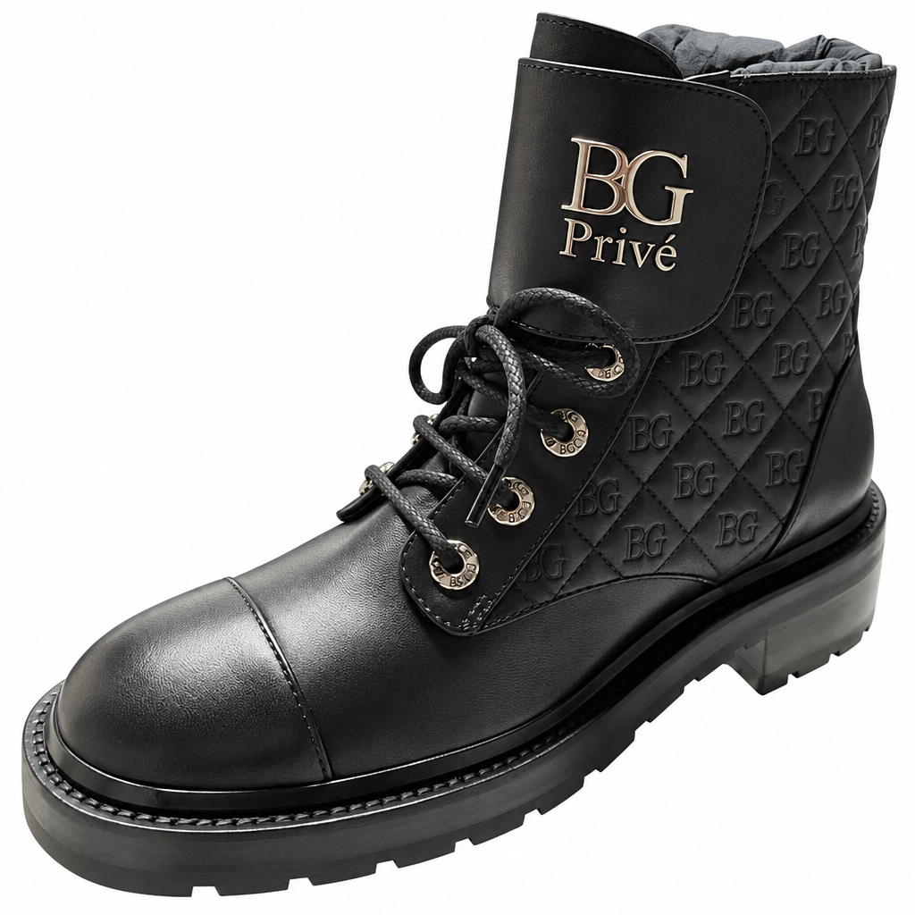 Quilted Calfskin Lace-Up Combat Ankle Boots with Chain Logo