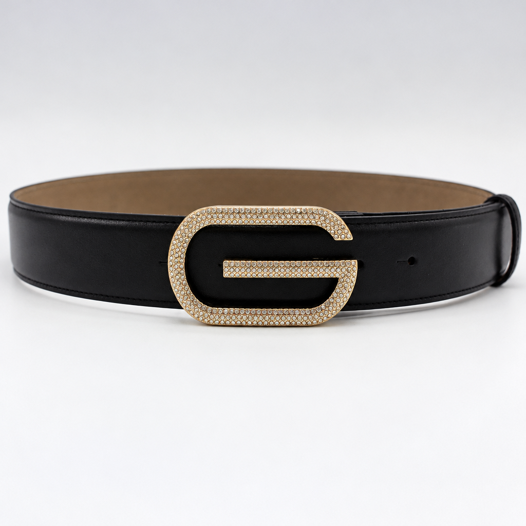 Square G Belt with Crystals in Black