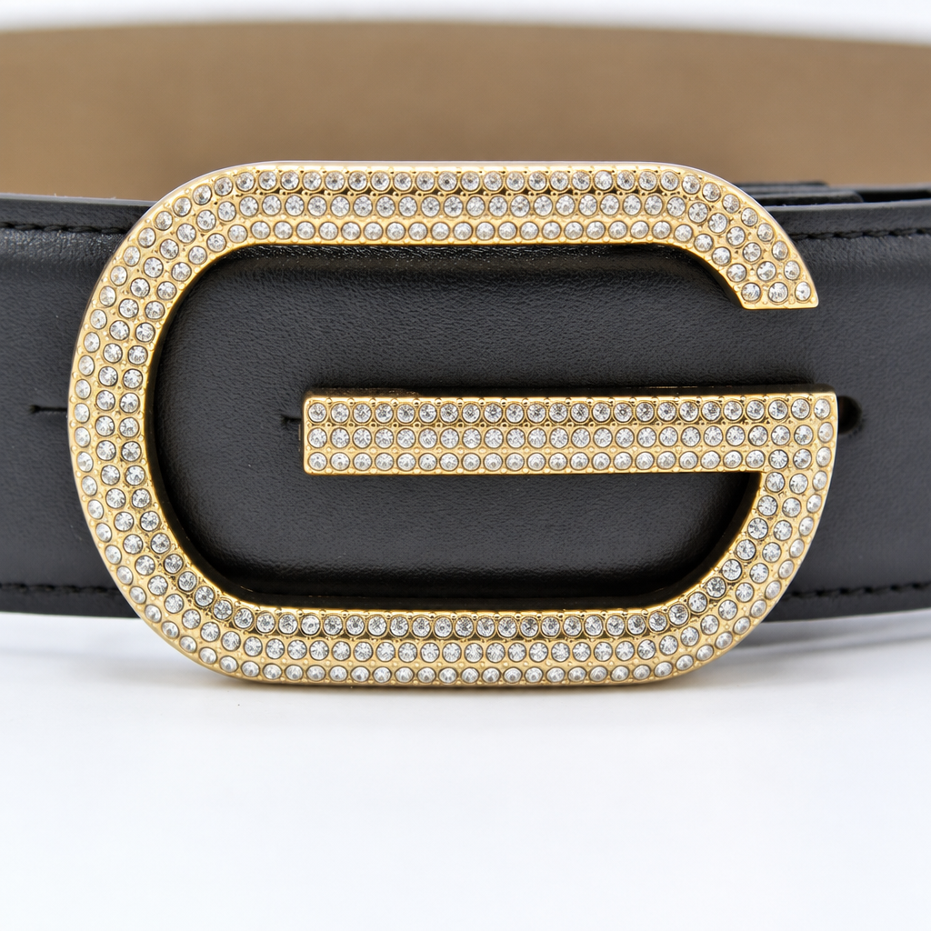 Square G Belt with Crystals in Black