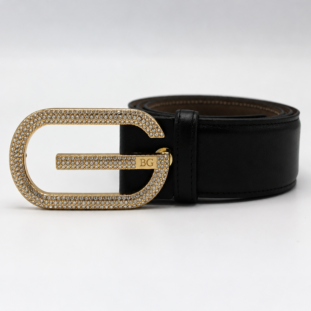 Square G Belt with Crystals in Black
