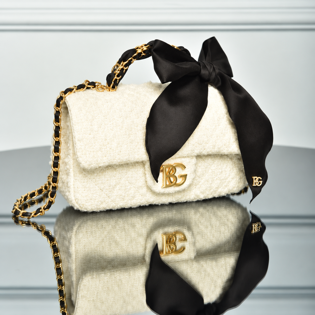 Mini Flap Bag with Top Handle in White and Black Tweed