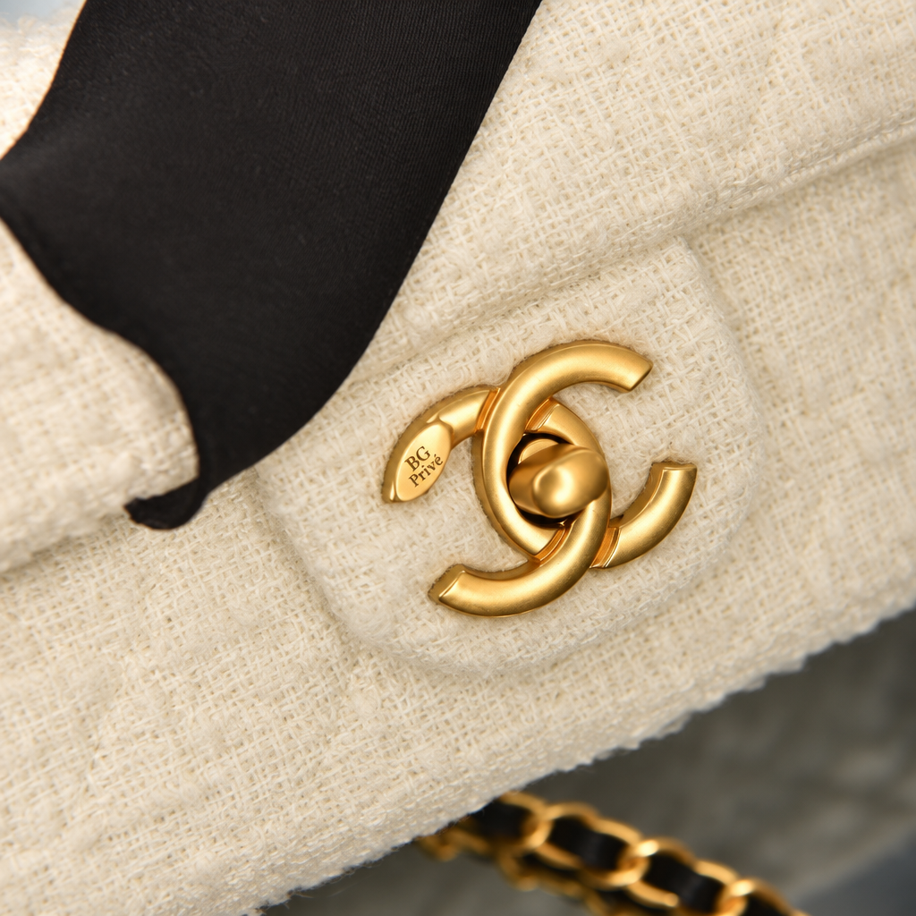 Mini Flap Bag with Top Handle in White and Black Tweed