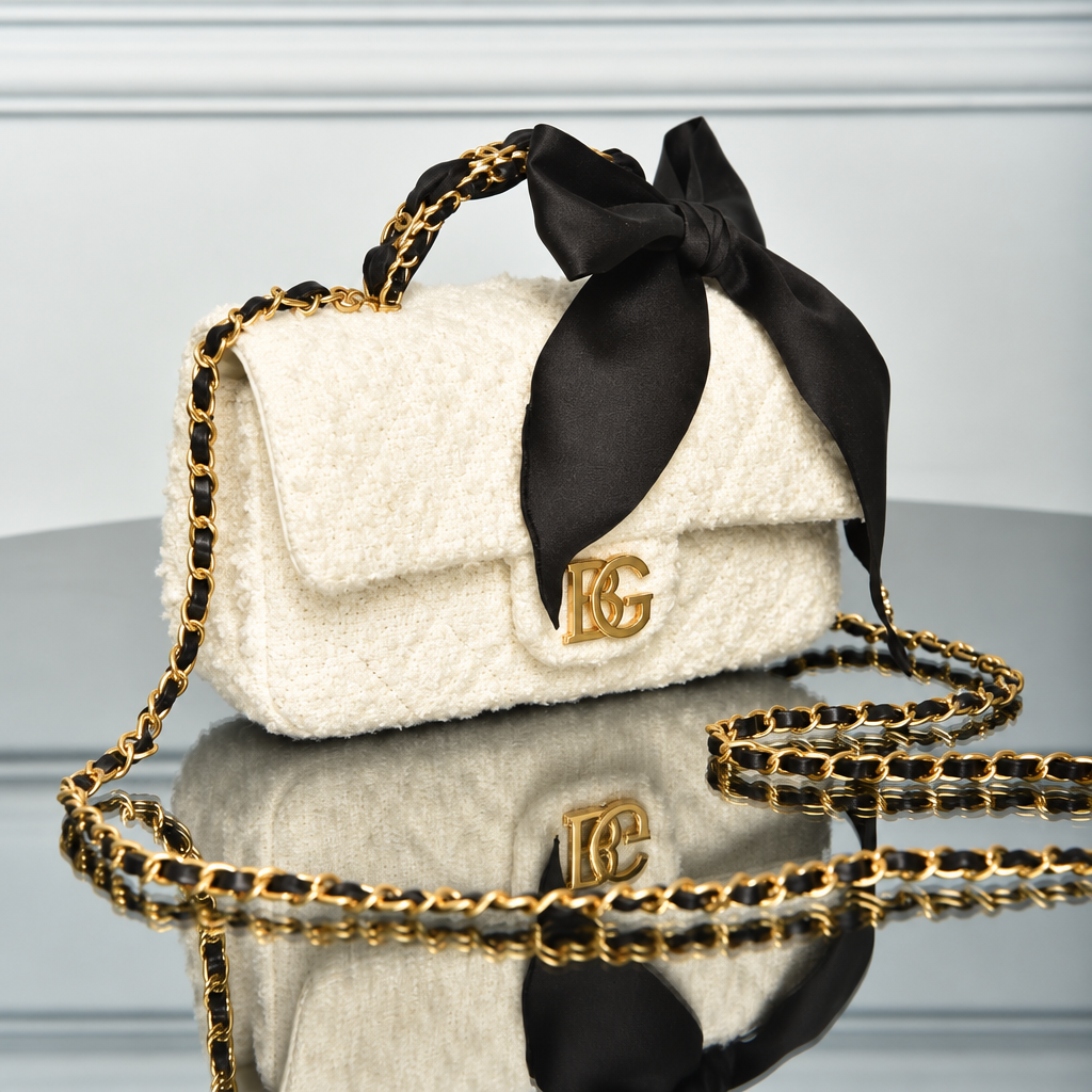 Mini Flap Bag with Top Handle in White and Black Tweed