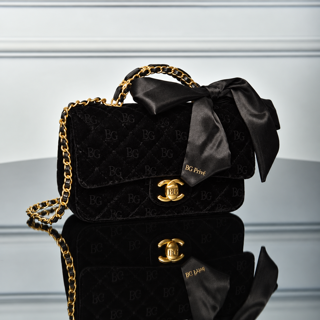 Mini Flap Bag with Top Handle in Black Quilted Velvet