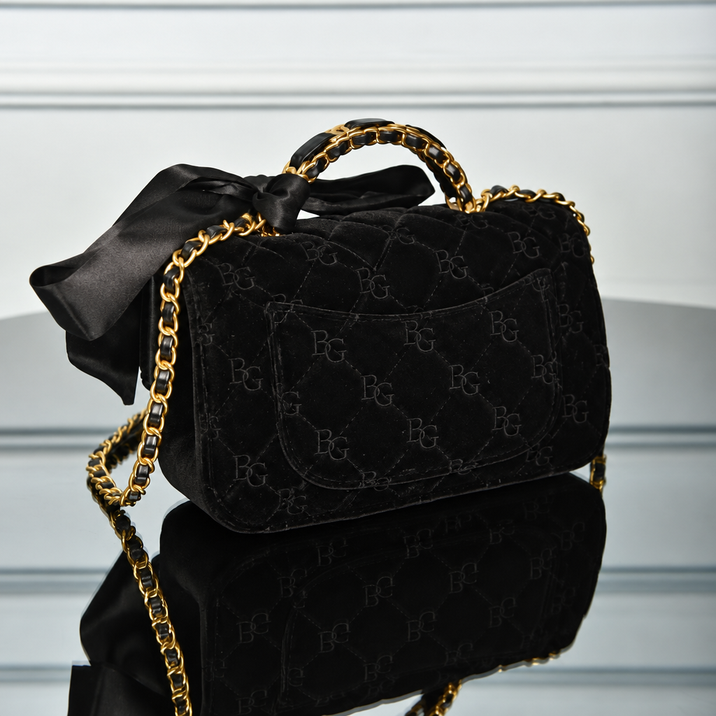Mini Flap Bag with Top Handle in Black Quilted Velvet
