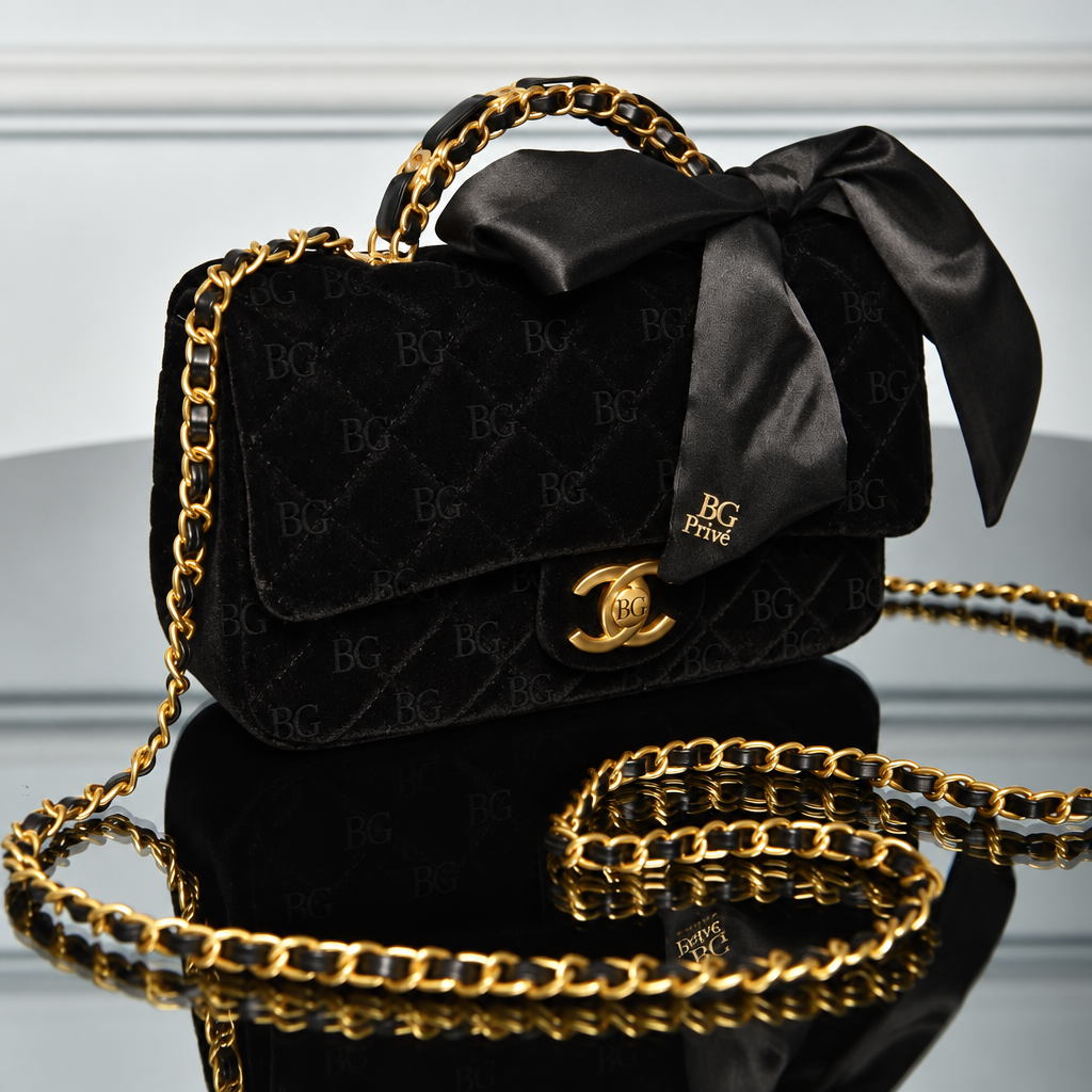 Mini Flap Bag with Top Handle in Black Quilted Velvet