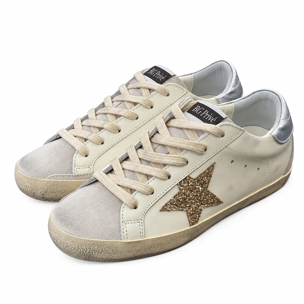 Golden Goose Super-Star Women's White Sneakers with Gold Glitter Star