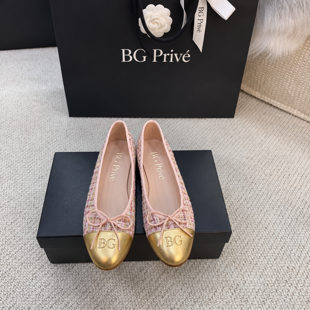 Tweed Ballerinas in Baby Pink and Metallic Gold