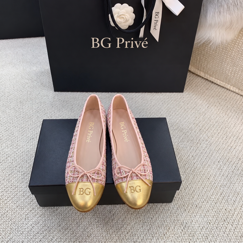 Tweed Ballerinas in Baby Pink and Metallic Gold