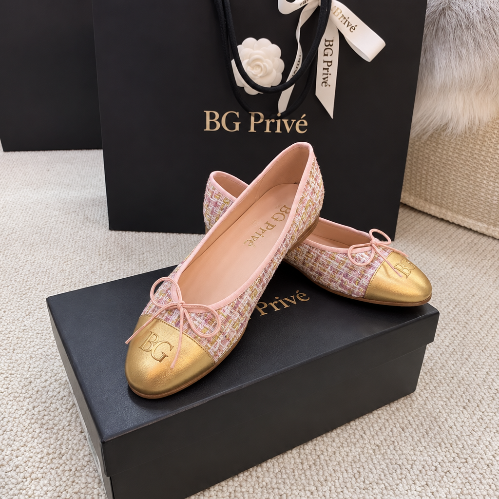 Tweed Ballerinas in Baby Pink and Metallic Gold