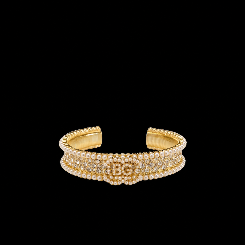 Gold-Tone Crystal and Pearl Interlocking Wide Cuff Bracelet