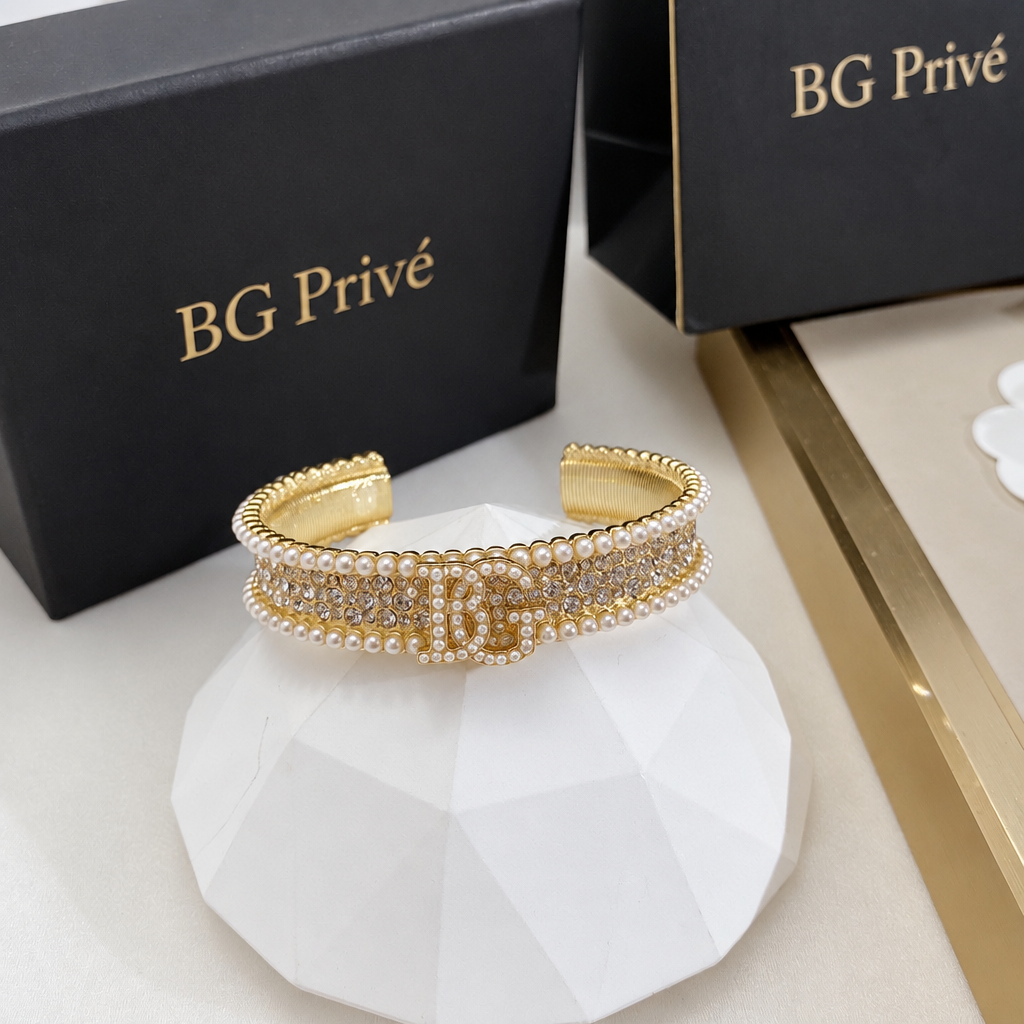 Gold-Tone Crystal and Pearl Interlocking Wide Cuff Bracelet
