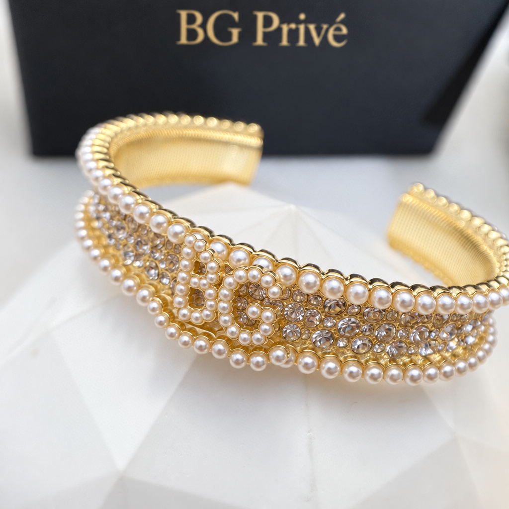 Gold-Tone Crystal and Pearl Interlocking Wide Cuff Bracelet