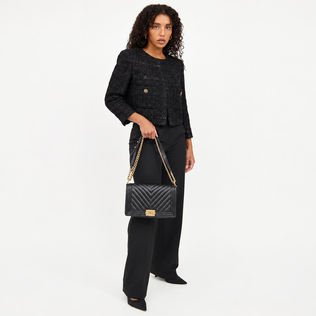 Boy Bag Medium Chevron in Black Grained Calfskin