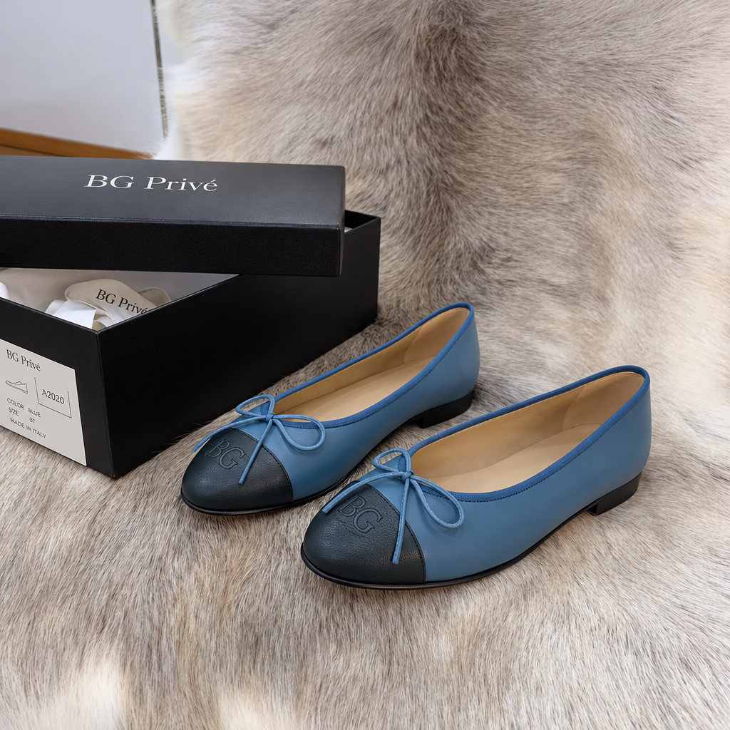 Cap-Toe Ballerina Flats in Blue and Black